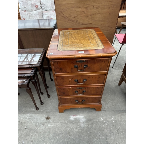 3004 - A YEW WOOD TWO DRAWER FILING CABINET WITH INSET LEATHER TOP