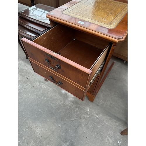 3004 - A YEW WOOD TWO DRAWER FILING CABINET WITH INSET LEATHER TOP