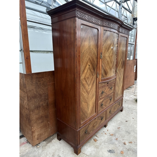 2930 - AN EDWARDIAN MAHOGANY AND WALNUT WARDROBE WITH TWO HANGING COMPARTMENTS, CENTRAL CUPBOARD AND FOUR D... 