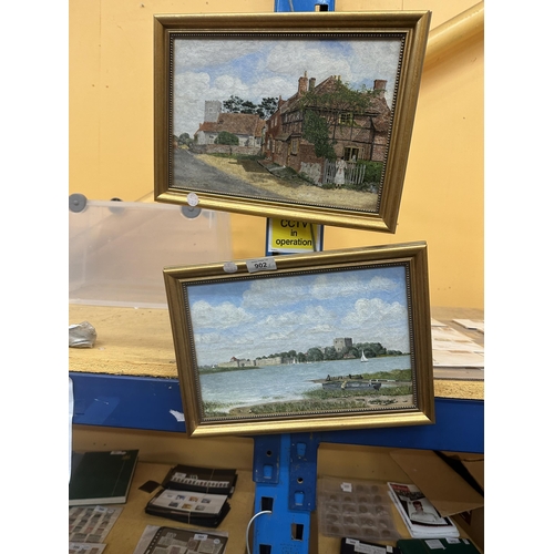 902 - TWO FRAMED OILS ON BOARD OF A HARBOUR SCENE AND VILLAGE SCENE, SIGNED E C WADLOW, 1938