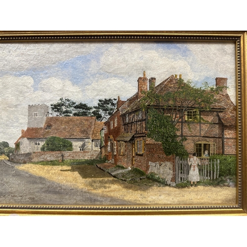 902 - TWO FRAMED OILS ON BOARD OF A HARBOUR SCENE AND VILLAGE SCENE, SIGNED E C WADLOW, 1938