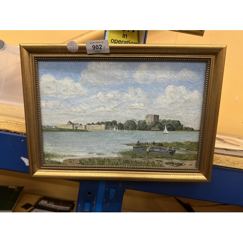 902 - TWO FRAMED OILS ON BOARD OF A HARBOUR SCENE AND VILLAGE SCENE, SIGNED E C WADLOW, 1938