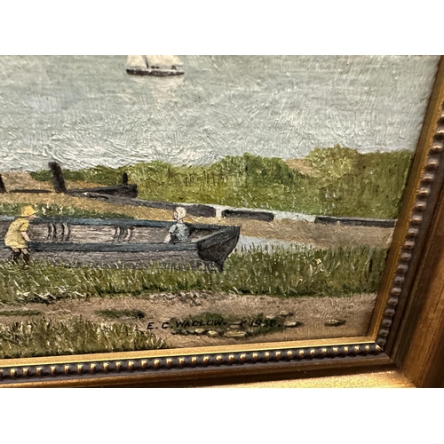 902 - TWO FRAMED OILS ON BOARD OF A HARBOUR SCENE AND VILLAGE SCENE, SIGNED E C WADLOW, 1938