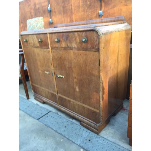 2628 - AN ART DECO WALNUT SIDEBOARD WITH RAISED BACK, TWO DRAWERS AND TWO CUPBOARDS, 46