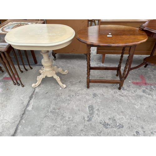 2898 - AN EARLY 20TH CENTURY OVAL OAK CENTRE TABLE ON BARLEY TWIST LEGS AND VICTORIAN STYLE PAINTED PAINTED... 