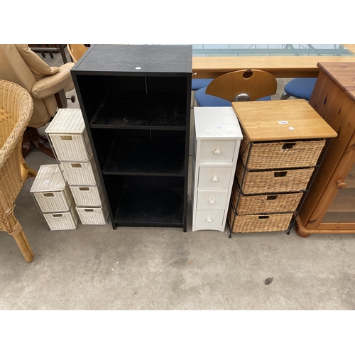 2909 - FOUR SMALL BATHROOM CHESTS AND BLACK ASH EFFECT OPEN DISPLAY SHELVES.