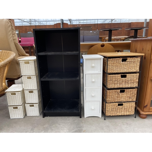 2909 - FOUR SMALL BATHROOM CHESTS AND BLACK ASH EFFECT OPEN DISPLAY SHELVES.