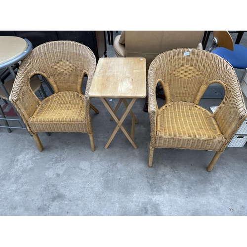 2910 - TWO WICKER CONSERVATORY CHAIRS AND SMALL FOLDING TABLE.