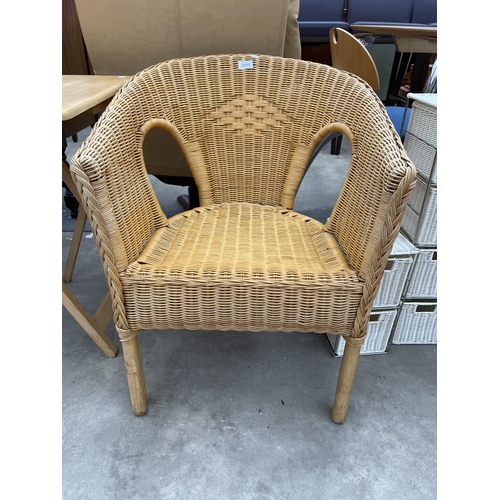 2910 - TWO WICKER CONSERVATORY CHAIRS AND SMALL FOLDING TABLE.