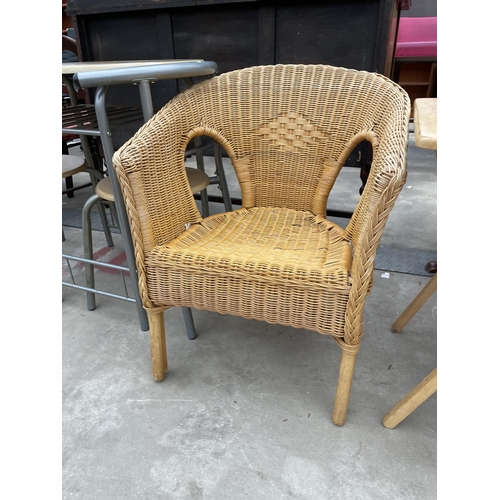 2910 - TWO WICKER CONSERVATORY CHAIRS AND SMALL FOLDING TABLE.