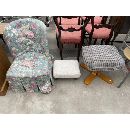 2912 - A RELAXATEEZE STOOL, SMALL STOOL ON CABRIOLE LEGS AND FLORAL BEDROOM CHAIR.