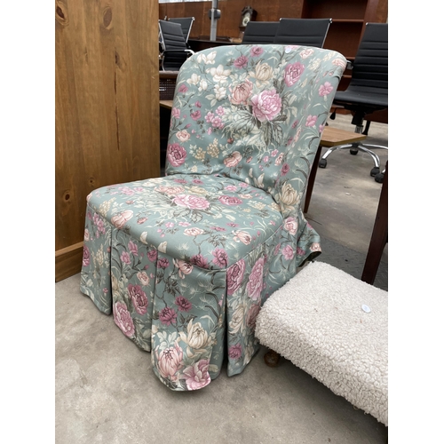 2912 - A RELAXATEEZE STOOL, SMALL STOOL ON CABRIOLE LEGS AND FLORAL BEDROOM CHAIR.