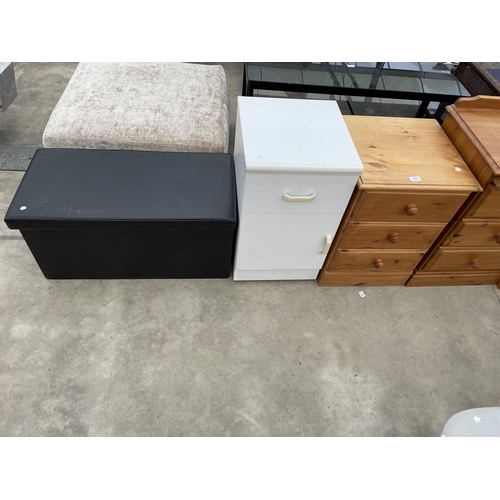 2915 - A PINE THREE DRAWER BEDSIDE CHEST, WHITE BEDSIDE LOCKER AND FAUX LEATHER OTTOMAN.