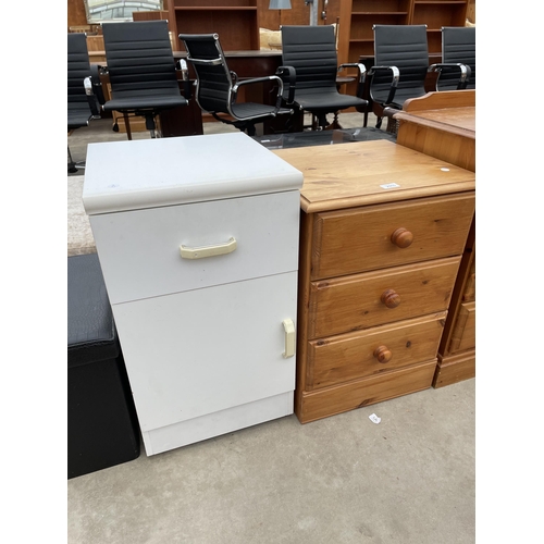 2915 - A PINE THREE DRAWER BEDSIDE CHEST, WHITE BEDSIDE LOCKER AND FAUX LEATHER OTTOMAN.