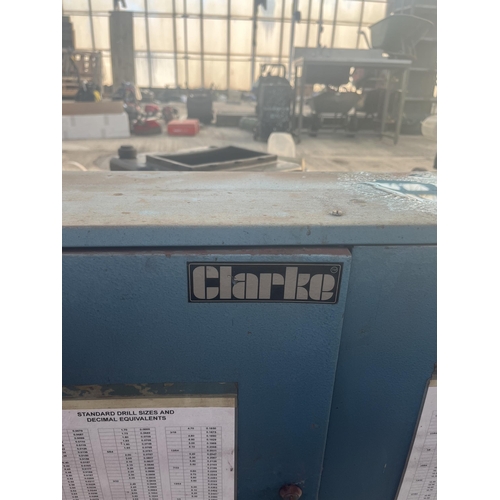 327 - A CLARKE THREE DOOR WORKSHOP WALL MOUNTED CABINET WITH KEYS NO VAT