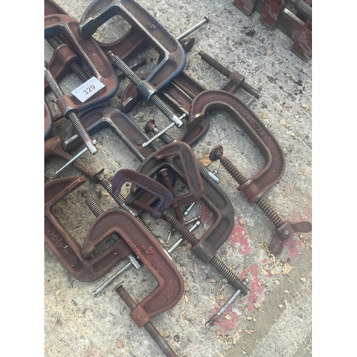 329 - A LARGE ASSORTMENT OF VARIOUS G CLAMPS TO INCLUDE RECORD, MALLEABLE AND ROLSON ETC NO VAT