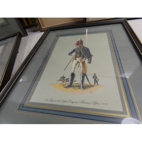 352 - A COLLECTION OF THREE FRAMED AND GLAZED PRINTS OF SOLDIERS, LNER SIGN ETC.