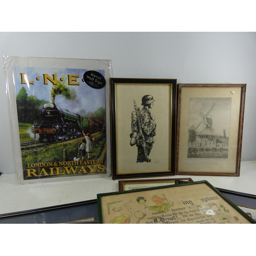 353 - A COLLECTION OF TWO FRAMED PRINTS OF GERMAN AND AUSTRIAN SOLDIERS, NAZI GERMANY SOLDIER, LNER SIGN E... 