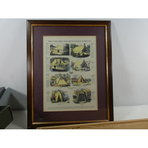 363 - A FRAMED COLOURED PRINT OF MARQUEES, TRAVELLING, ENGINEERS TENTS AND A FRAMED 'EDGE OF THE CITY' COL... 