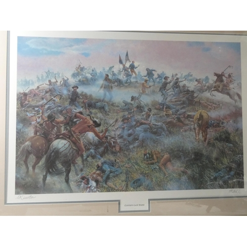 365 - A LARGE FRAMED, LIMITED EDITION, COLOURED PRINT 'CUSTERS LAST STAND', SIGNED BY M KUNSTLER, 55CM X 8... 