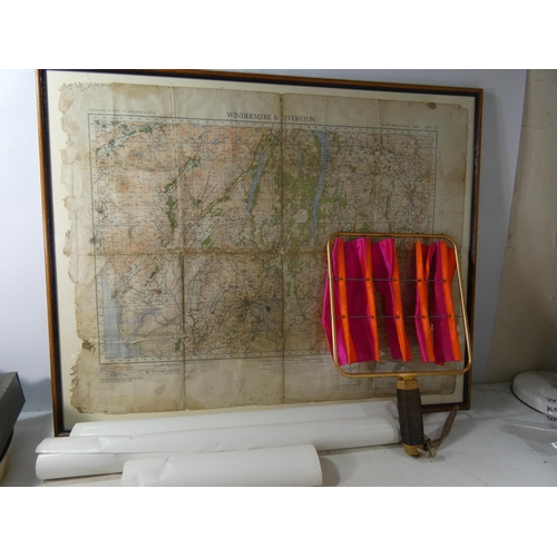 366 - A LARGE FRAMED WORLD WAR II MAP OF WINDERMERE AND ULVERSTON DATED 1940, 64CM X 82CM, A LARGE POSTER ... 