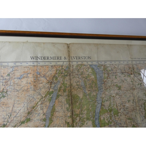 366 - A LARGE FRAMED WORLD WAR II MAP OF WINDERMERE AND ULVERSTON DATED 1940, 64CM X 82CM, A LARGE POSTER ... 