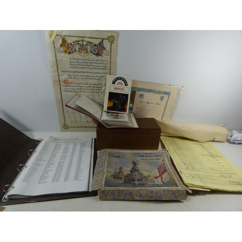 372 - A COLLECTION OF ASSORTED MILITARIA TO INCLUDE A 'VICTORY' JIGSAW, JAMES PURDEY CERTIFICATE, RESEARCH... 