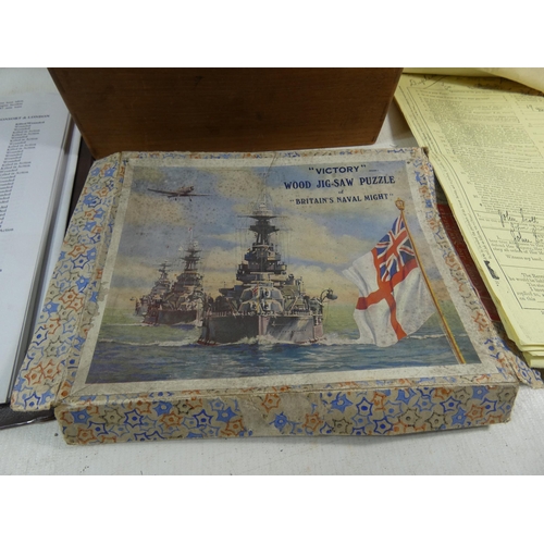 372 - A COLLECTION OF ASSORTED MILITARIA TO INCLUDE A 'VICTORY' JIGSAW, JAMES PURDEY CERTIFICATE, RESEARCH... 