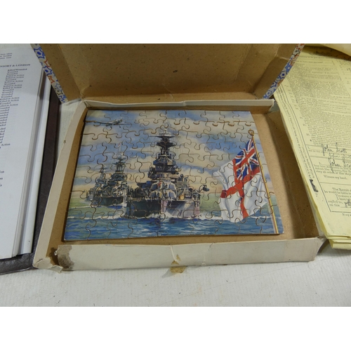 372 - A COLLECTION OF ASSORTED MILITARIA TO INCLUDE A 'VICTORY' JIGSAW, JAMES PURDEY CERTIFICATE, RESEARCH... 