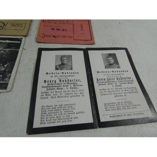 373 - A COLLECTION OF WORLD WAR I IMPERIAL GERMAN EPHEMERA TO INCLUDE SOLDIERS MEMORIAL CARDS, WWII RATION... 