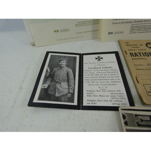 373 - A COLLECTION OF WORLD WAR I IMPERIAL GERMAN EPHEMERA TO INCLUDE SOLDIERS MEMORIAL CARDS, WWII RATION... 