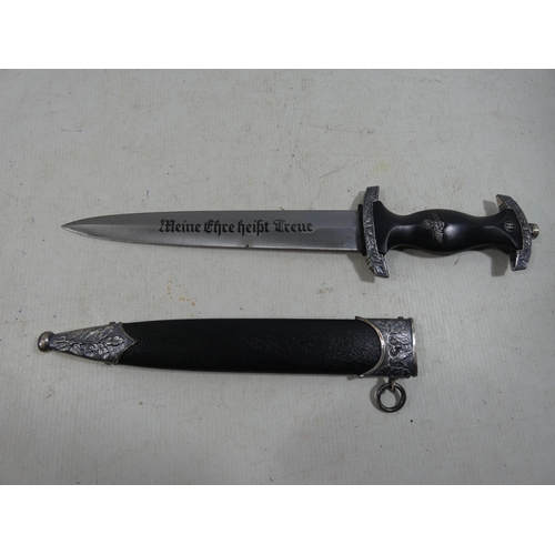 378 - A REENACTORS NAZI GERMANY SS DAGGER AND SCABBARD, 21.5CM BLADE, LENGTH 37CM