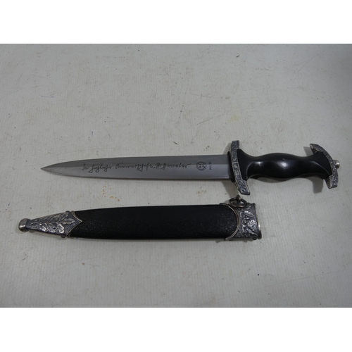 378 - A REENACTORS NAZI GERMANY SS DAGGER AND SCABBARD, 21.5CM BLADE, LENGTH 37CM