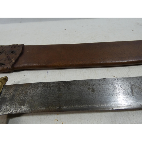 382 - A LARGE PHILLIPPINES BOWIE KNIFE MACHETE AND LEATHER SCABBARD, 40.5CM BLADE, CARVED HORN GRIP, LENGT... 