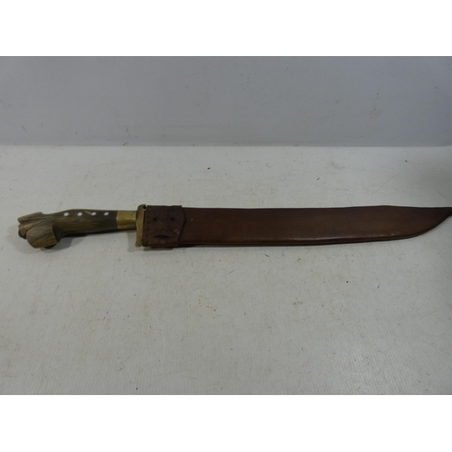 382 - A LARGE PHILLIPPINES BOWIE KNIFE MACHETE AND LEATHER SCABBARD, 40.5CM BLADE, CARVED HORN GRIP, LENGT... 