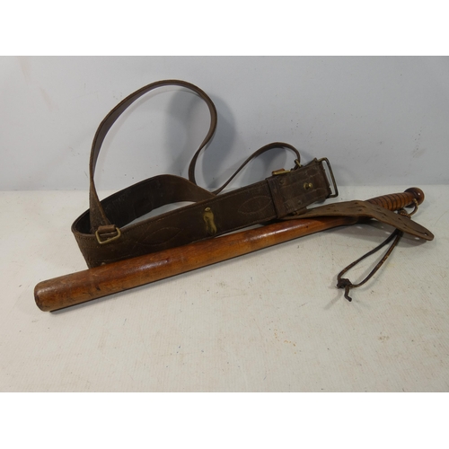 414 - A BRITISH LEATHER SAM BROWNE, WOODEN TRUNCHEON, LENGTH 56CM