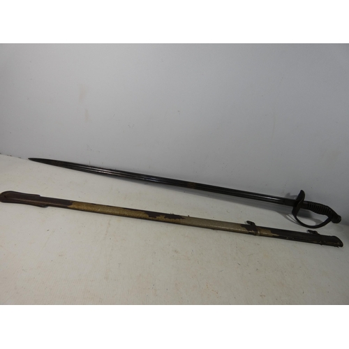 416 - A LATE 19TH CENTURY PRUSSIAN OFFICERS SWORD AND SCABBARD, 76CM BLADE (A/F), LENGTH 101CM