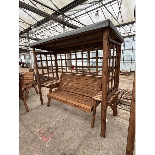 2089 - AN AS NEW EX DISPLAY CHARLES TAYLOR FURNITURE SET COMPRISING OF AN ARBOUR WITH GREY FABRIC TOP, THRE... 