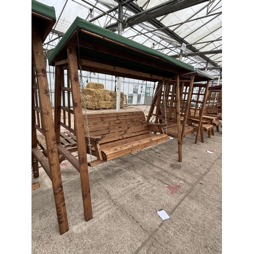 2091 - AN AS NEW EX DISPLAY CHARLES TAYLOR FURNITURE SET COMPRISING OF AN ARBOUR WITH GREEN FABRIC TOP AND ... 