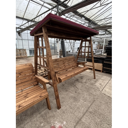 2094 - AN AS NEW EX DISPLAY CHARLES TAYLOR FURNITURE SET COMPRISING OF AN ARBOUR WITH MAROON FABRIC TOP AND... 