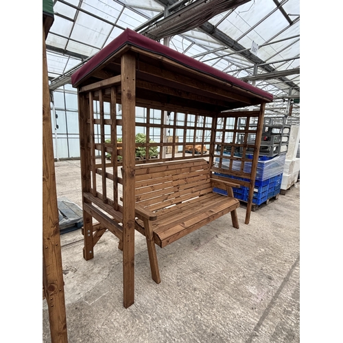 2096 - AN AS NEW EX DISPLAY CHARLES TAYLOR FURNITURE SET COMPRISING OF AN ARBOUR WITH MAROON FABRIC TOP, TH... 