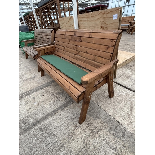 2099 - AN AS NEW EX DISPLAY CHARLES TAYLOR THREE SEATER BENCH WITH GREEN CUSHION  *PLEASE NOTE VAT TO BE PA... 