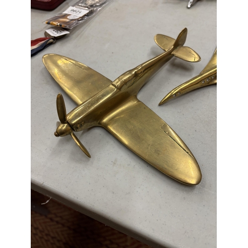 1289 - TWO BRASS PLANES TO INCLUDE A HEAVY SOLID SPITFIRE AND CONCORDE