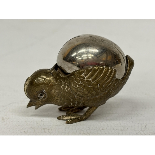 1294 - A VINTAGE HATCHING CHICK BRASS PIN CUSHION