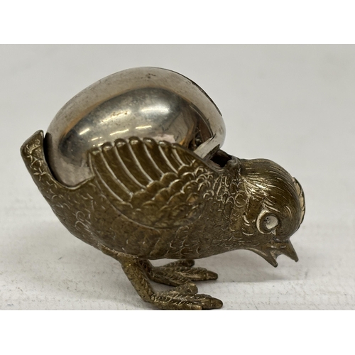 1294 - A VINTAGE HATCHING CHICK BRASS PIN CUSHION