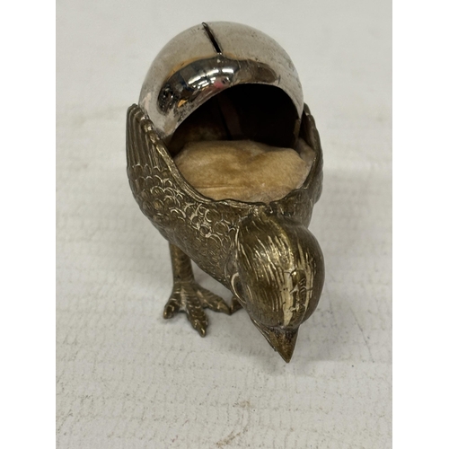 1294 - A VINTAGE HATCHING CHICK BRASS PIN CUSHION