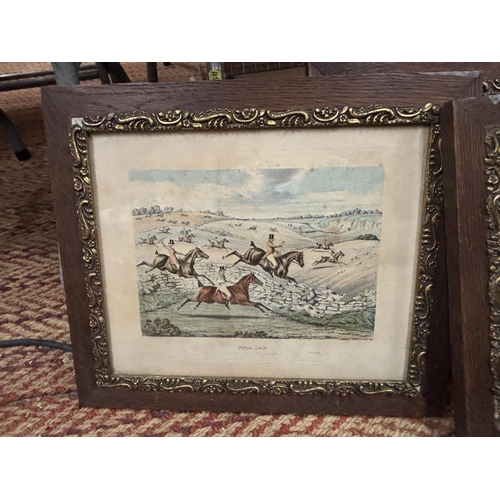 1308 - FOUR EARLY VICTORIAN HUNTING PRINTS IN ORNATE OAK FRAMES - 16