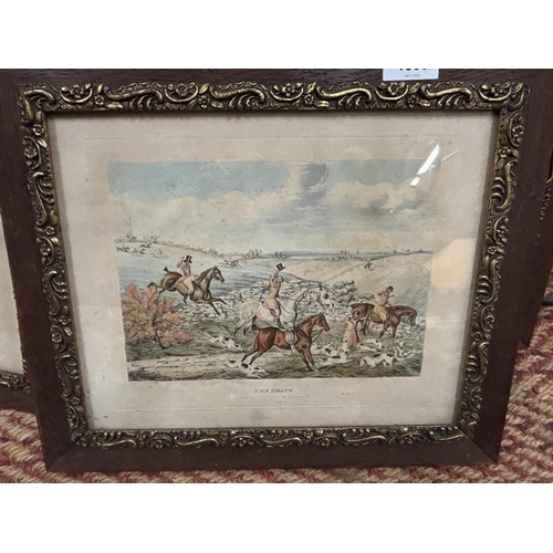 1308 - FOUR EARLY VICTORIAN HUNTING PRINTS IN ORNATE OAK FRAMES - 16