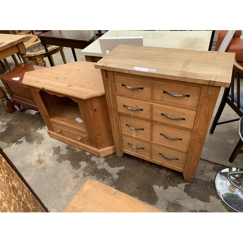 3021 - AN OAK CHEST OF FOUR DRAWERS AND A CORNER T.V STAND