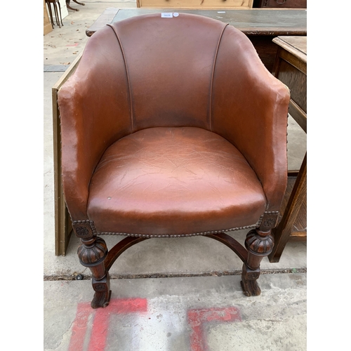 3028 - AN OAK JACOBEAN STYLE TUB CHAIR ON BULBOUS FRONT LEGS.